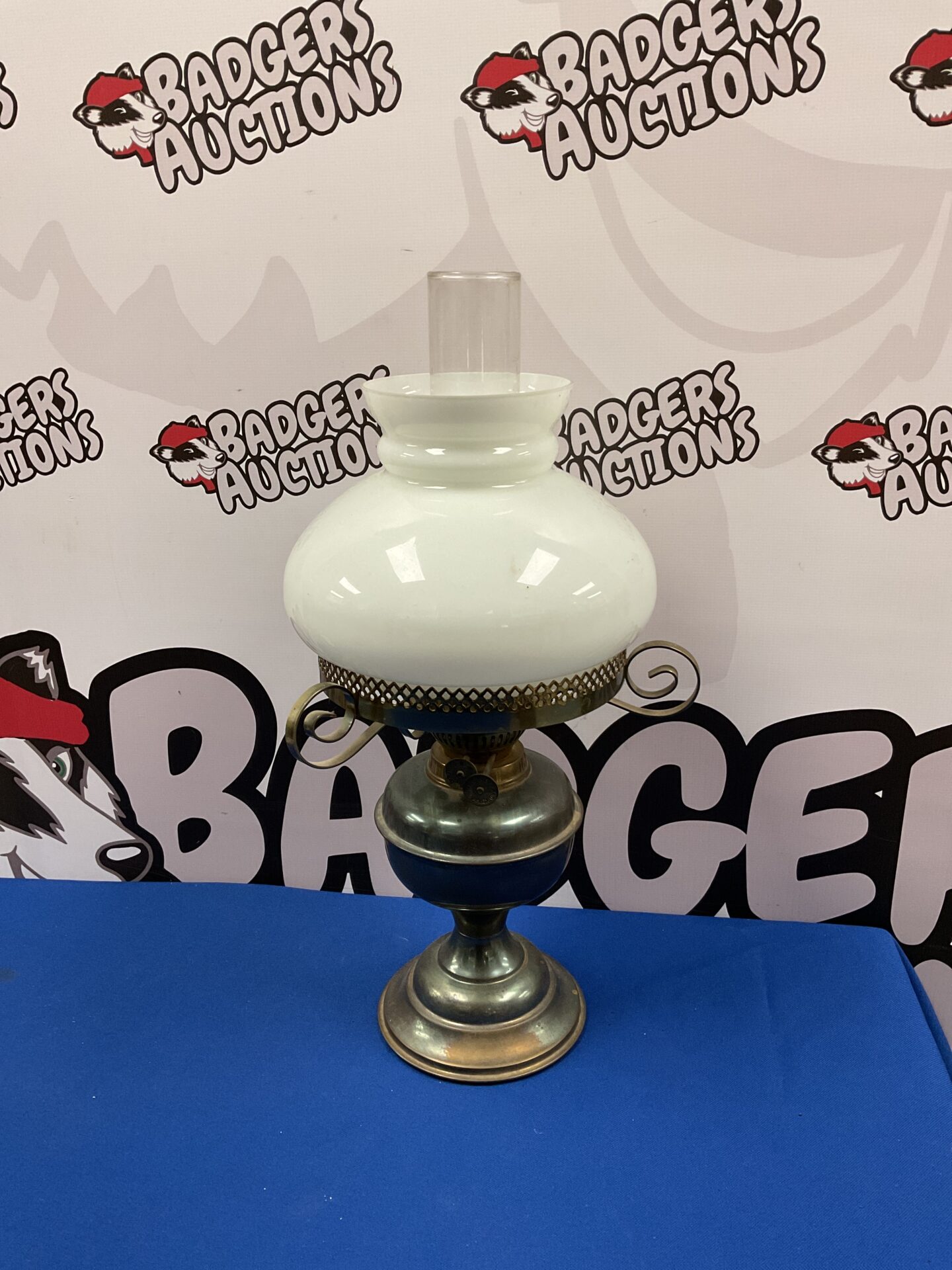011 Vintage duplex paraffin lamp with white glass shade