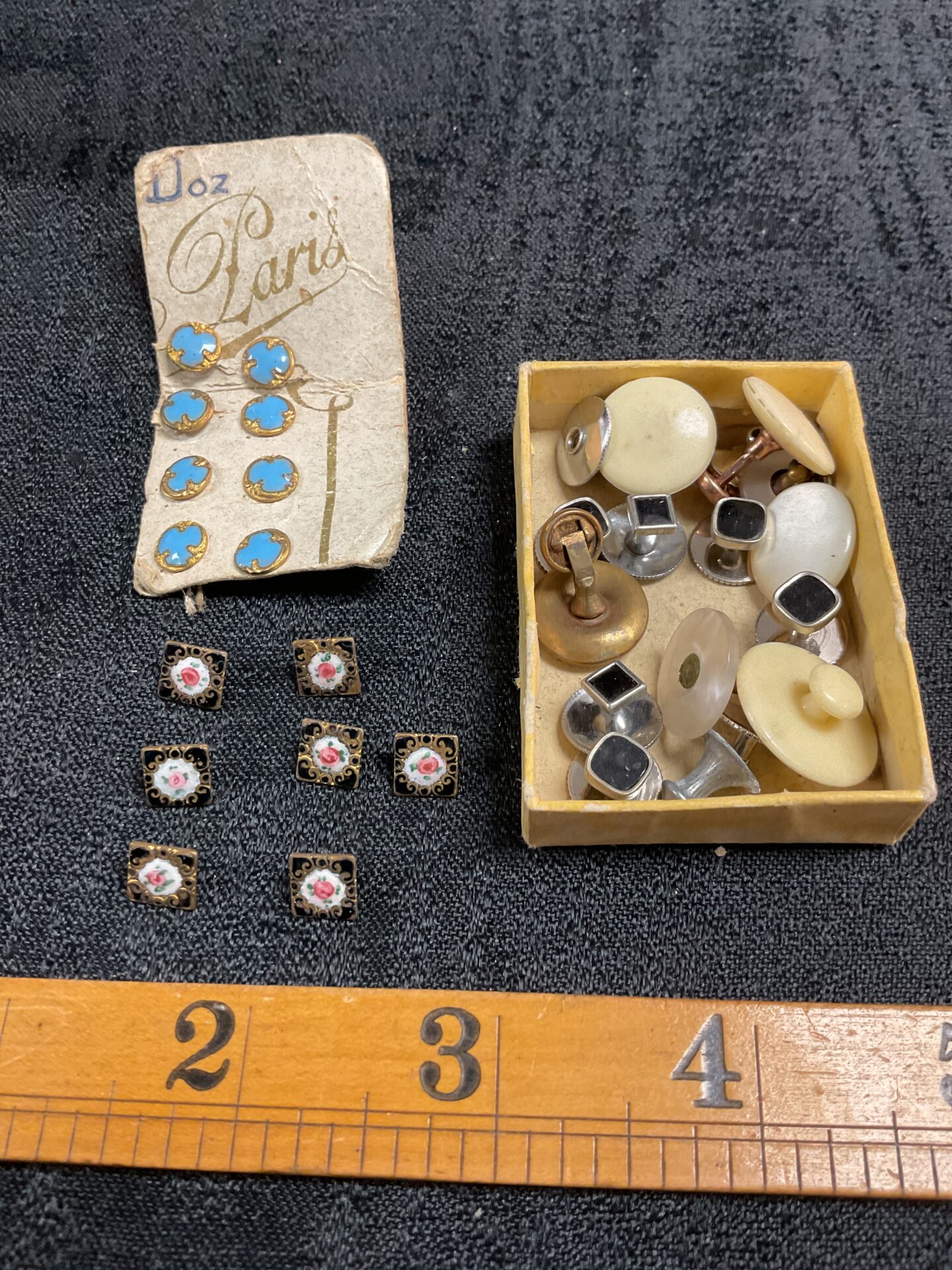 887 Collection vintage enamel miniature stud buttons and box collar studs