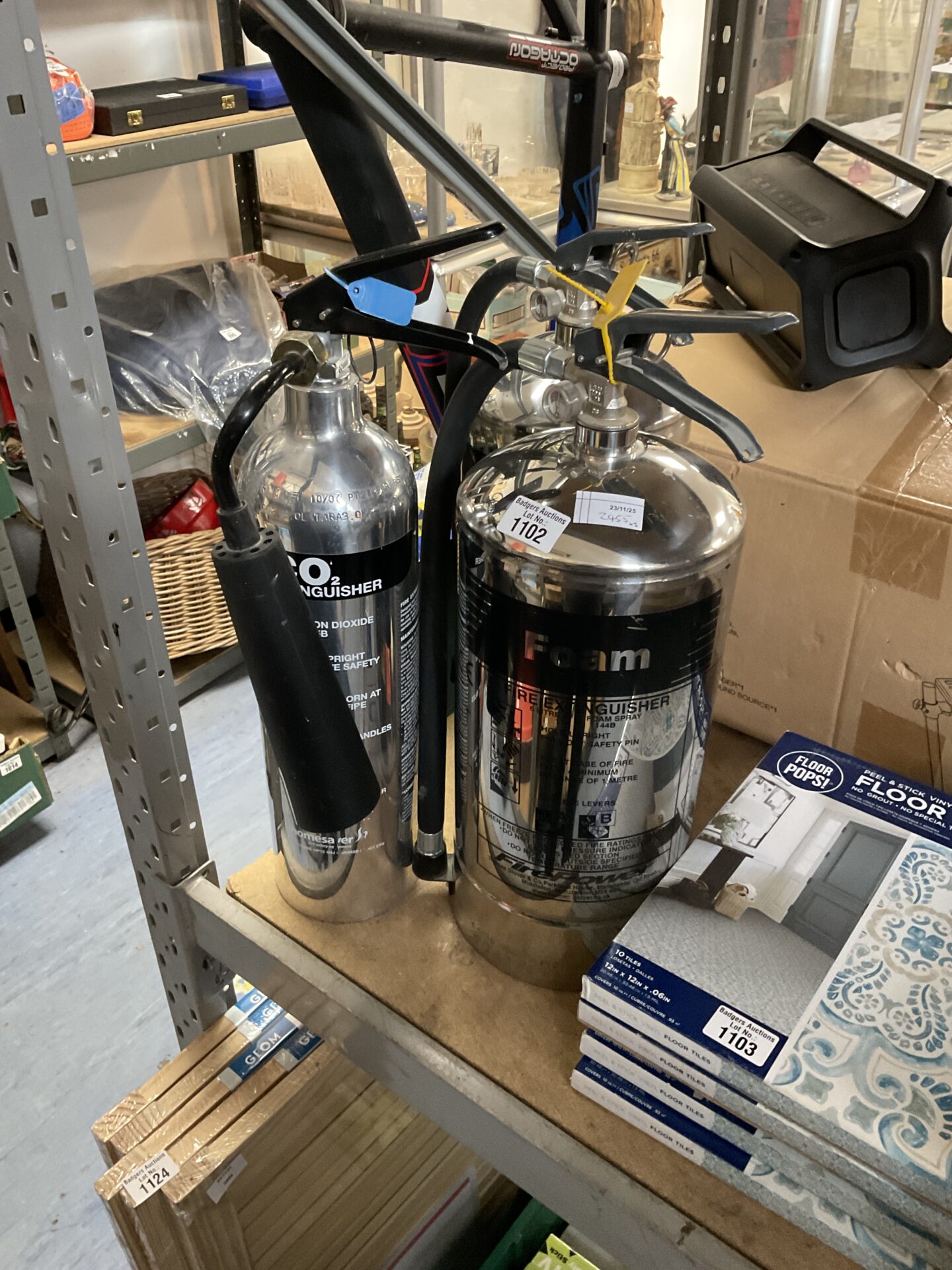 1102 Three chrome fire extinguishers 2x foam 1x co2 – all showing pressure on gauges
