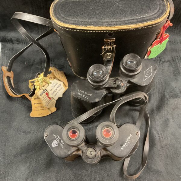 Vintage horse racing binoculars, Pentax and Ajax brands, antique optics.