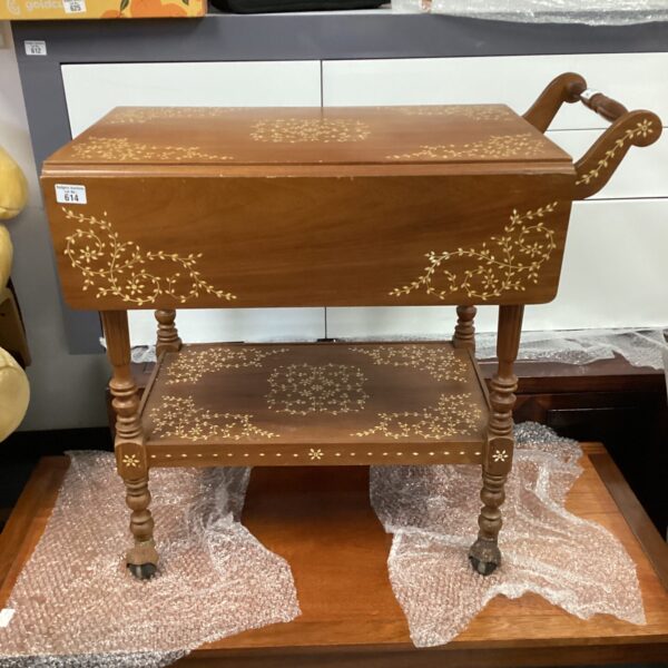 Vintage inlaid hostess trolley with two tiers and castors.
