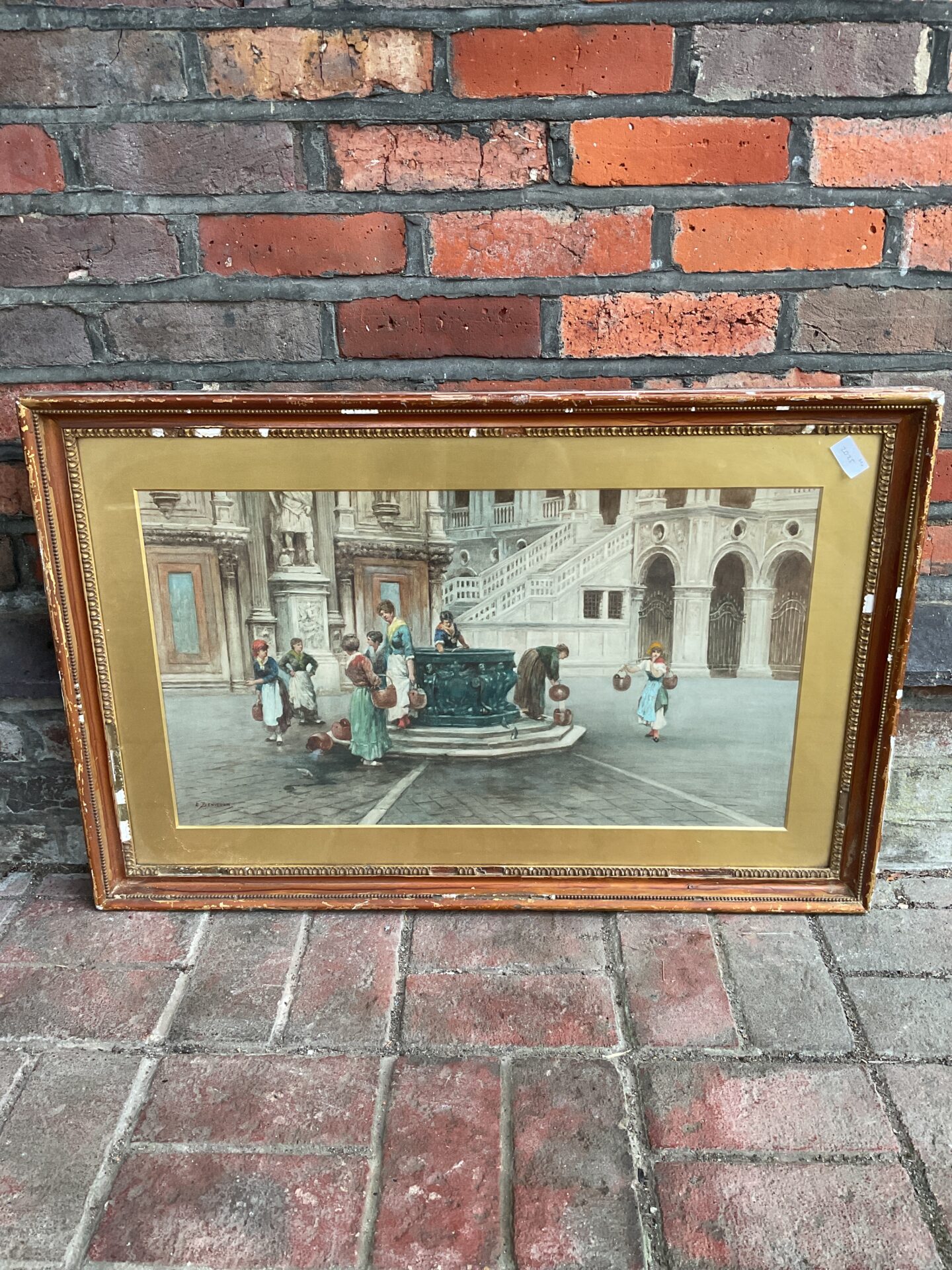 Vintage Italian street scene painting with figures and a fountain.