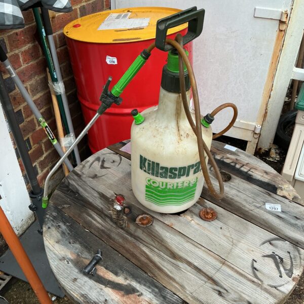 Vintage Killspr garden sprayer with metal construction and hand pump.