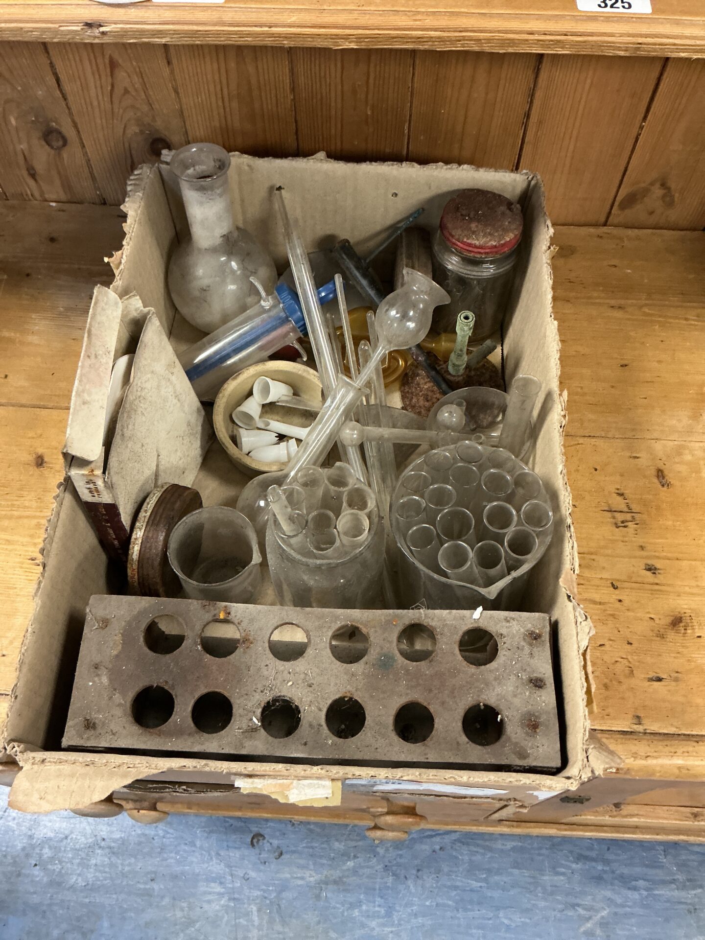 330 Box of mixed test tubes and other lab items