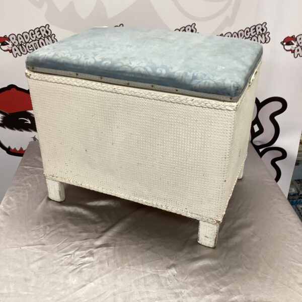 Vintage Lloyd Loom sewing box stool with lift-up lid for storage.
