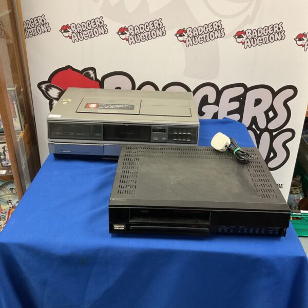 Vintage Ferguson and Mitsubishi video cassette recorders, retro technology.