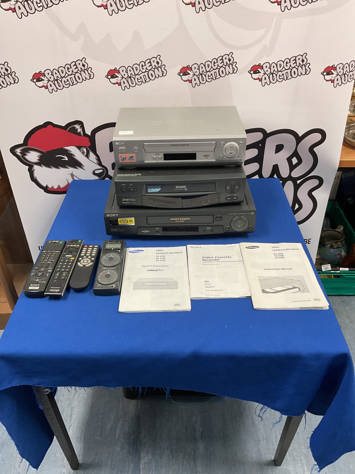 168 Samsung SV-213B video plus video cassette recorder, Sony SLV-SE230 video cassette recorder, and Sony SLV-SE70 video cassette recorder with remotes