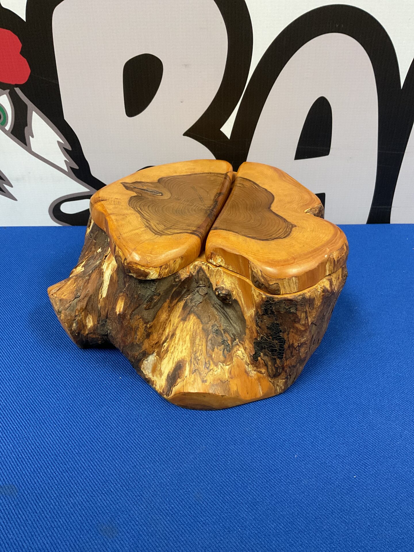 027 Vintage hand made yew wood tree trunk shaped two compartment trinket box