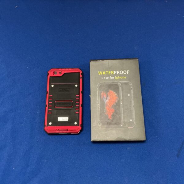 Red waterproof iPhone case offering rugged protection.