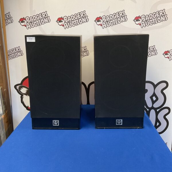 Pair of vintage Wharfedale loudspeakers for sale, classic stereo equipment.