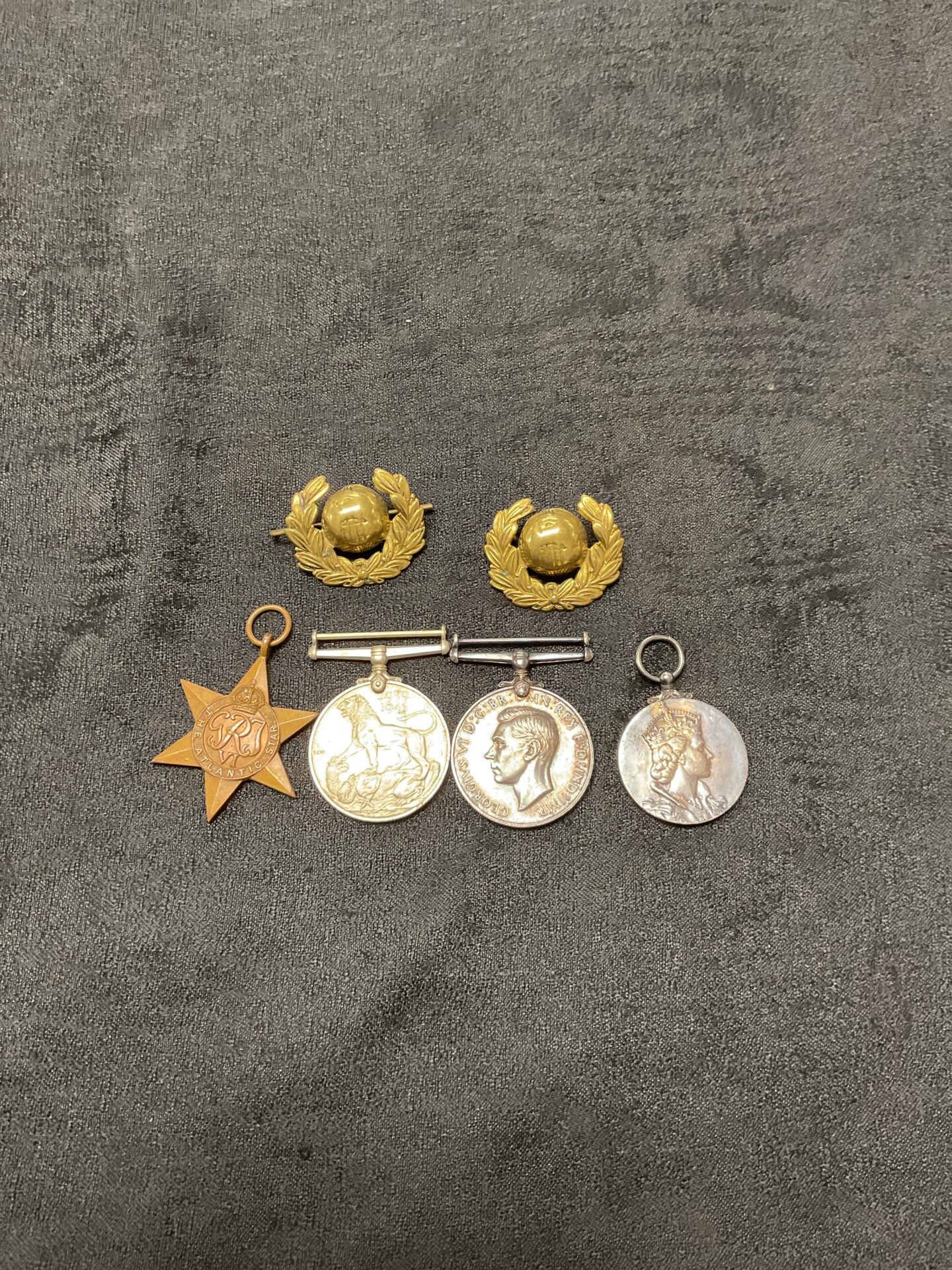 926 Three ww2 medals and coronation medal and pair collar badges