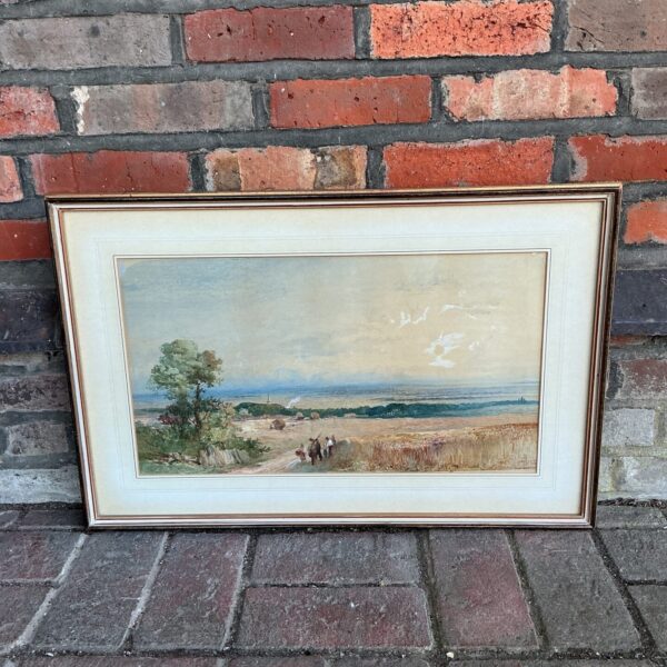 Antique 19th-century English landscape watercolour painting of a harvest scene.