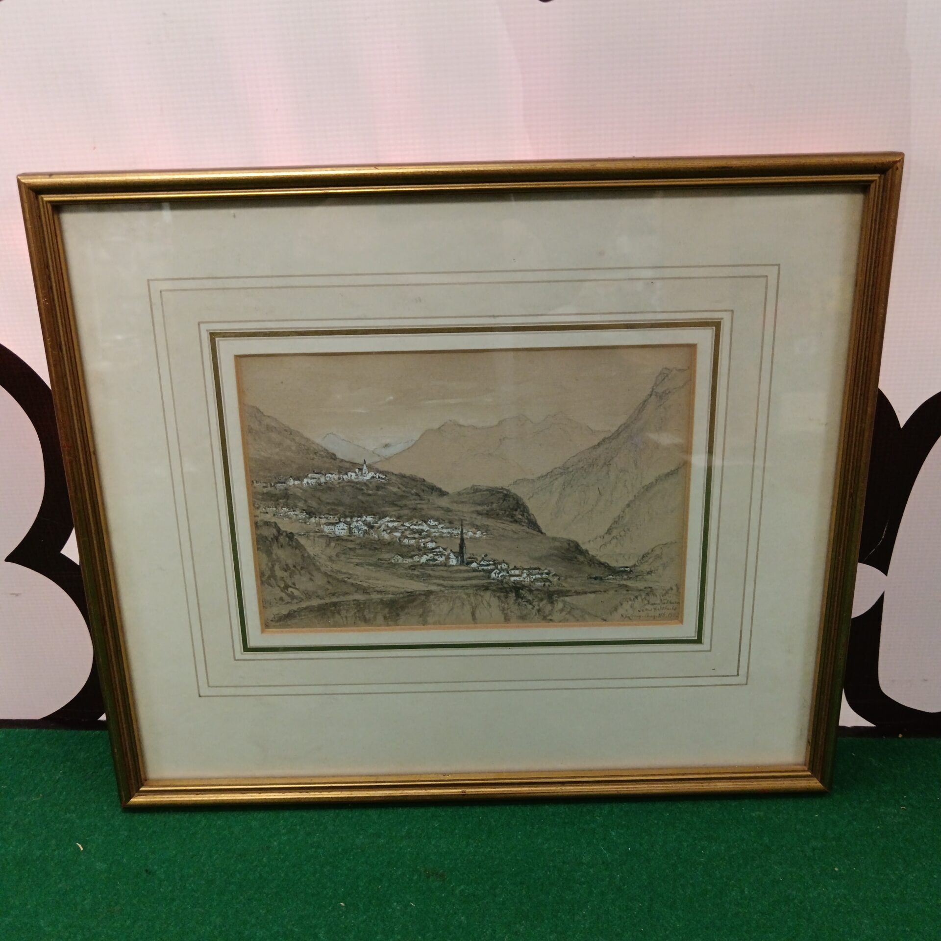 735 19th century watercolour wash scene possibly of Switzerland