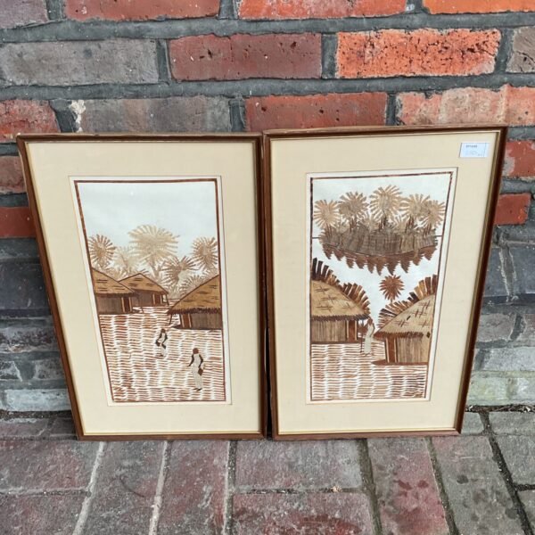 Vintage African woodcut art pair, framed tribal wall decor.