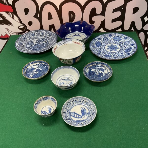 Antique Chinese porcelain cup, saucer, and plates collection.