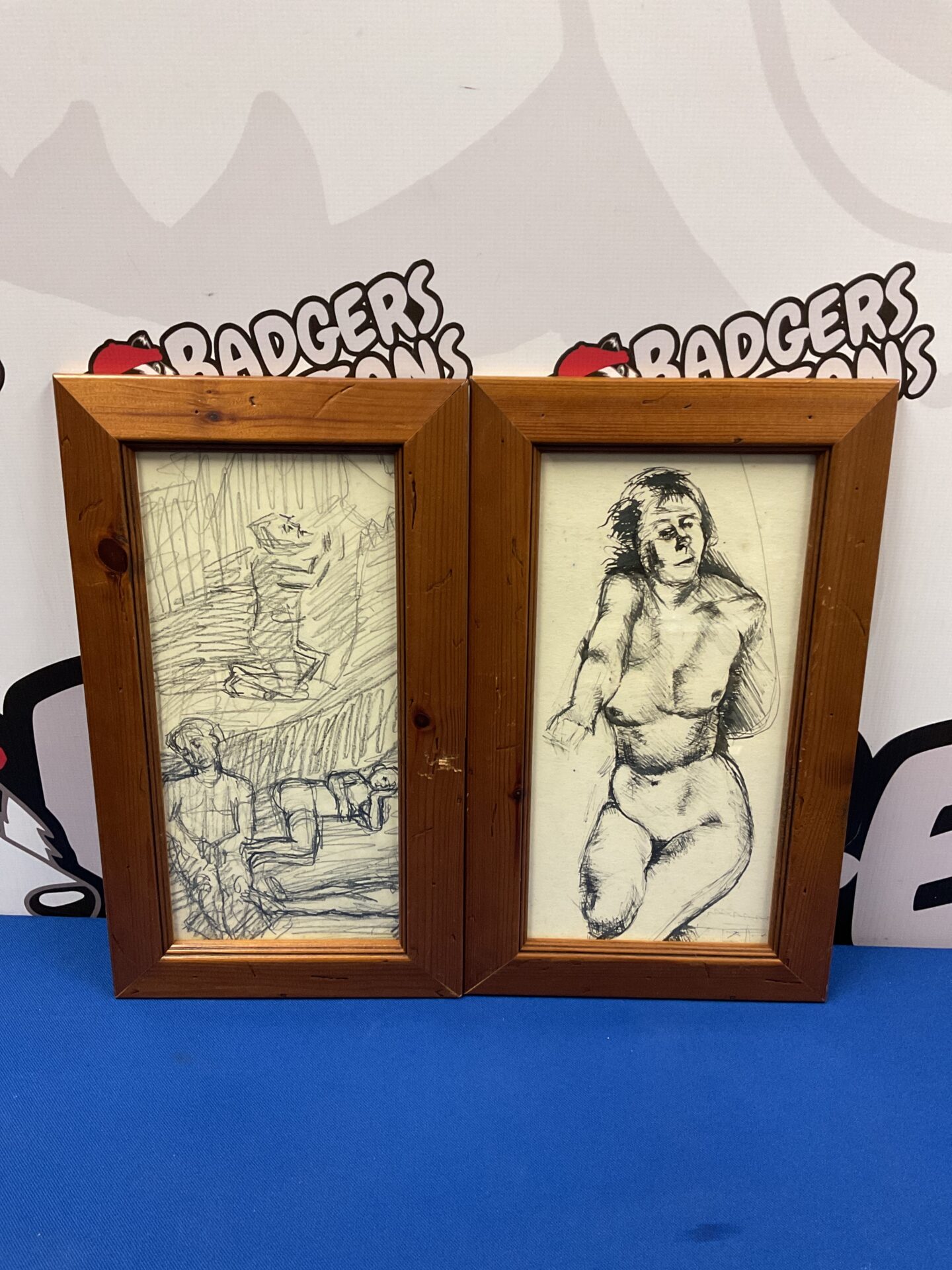 030 Two antique framed pencil & ink portrait sketches signed on verso