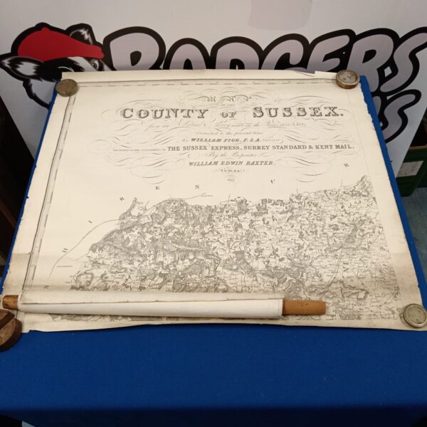 Antique 1823 map of Sussex and sedan chair design by William Figg.