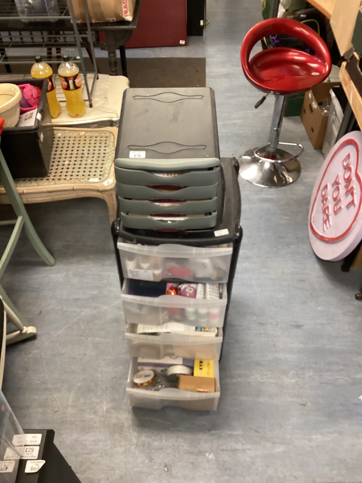 676 Two sets of drawers full of arts & cratfs items inc couloured pens, glitter pots & cards