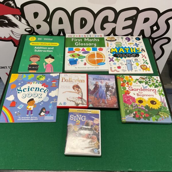 Collection of childrens educational books and DVDs including Frozen.