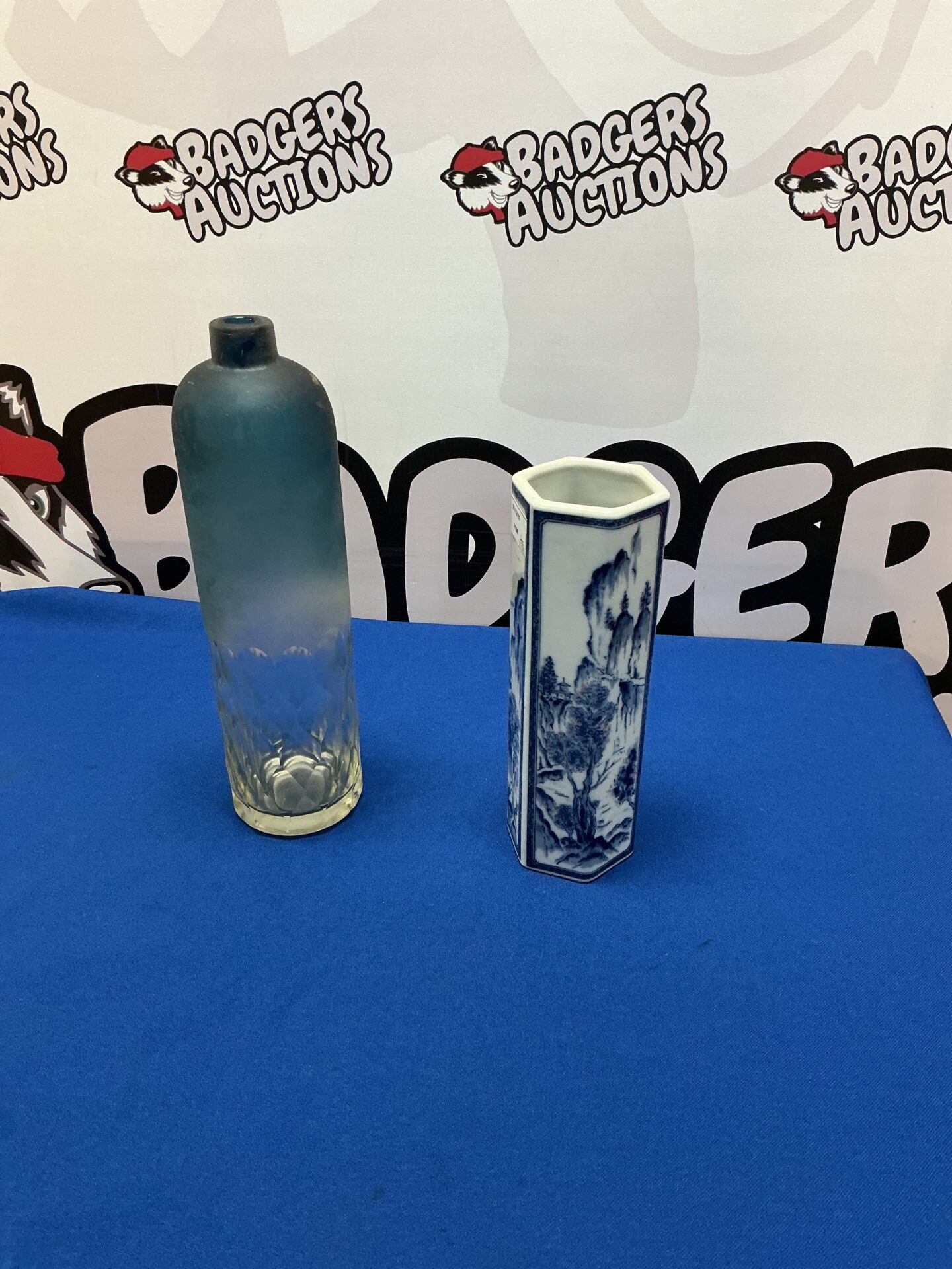 245 Chinese Blue and White vase with decorative bottle