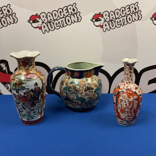 Antique Chinese porcelain vases and ironstone jug, decorative collectible set.