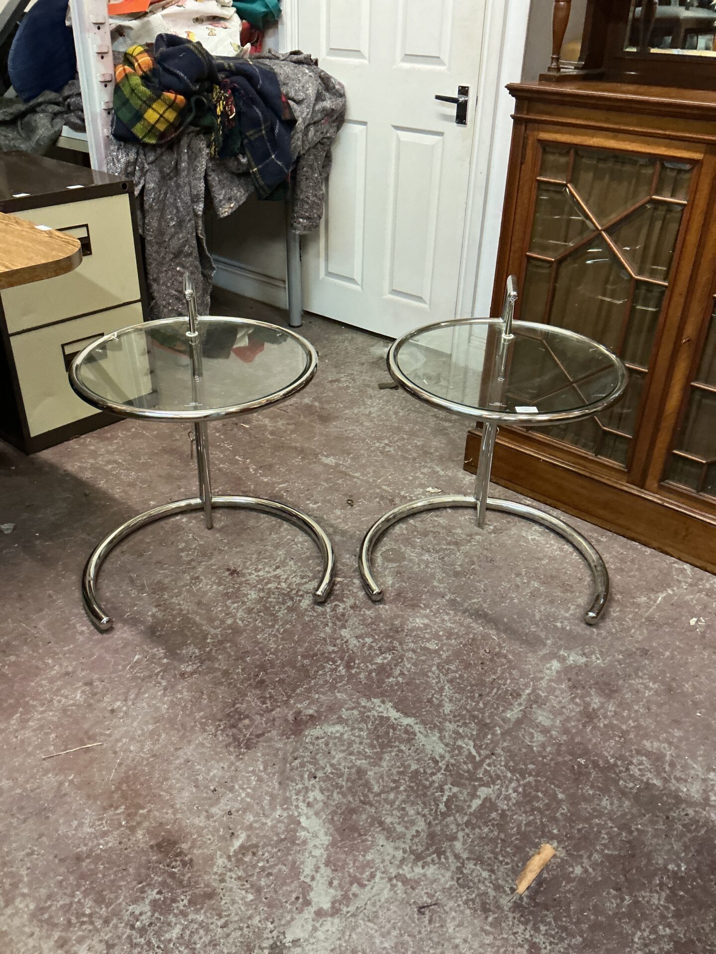 1066 Two chrome and glass designer adjustable coffee tables