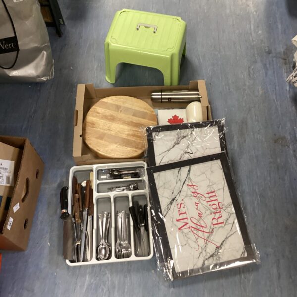 Mixed lot of dinner tray, cutlery, and plastic stool.