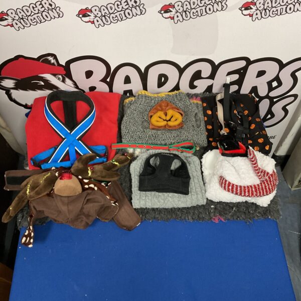 Mixed lot of pre-owned dog clothing and harness for pets.