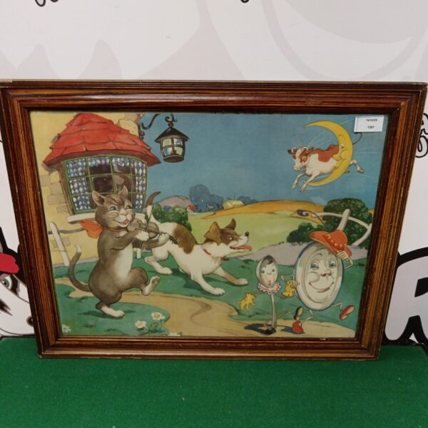 Vintage Dorothy Muriel Wheeler nursery print of Hey Diddle Diddle rhyme.