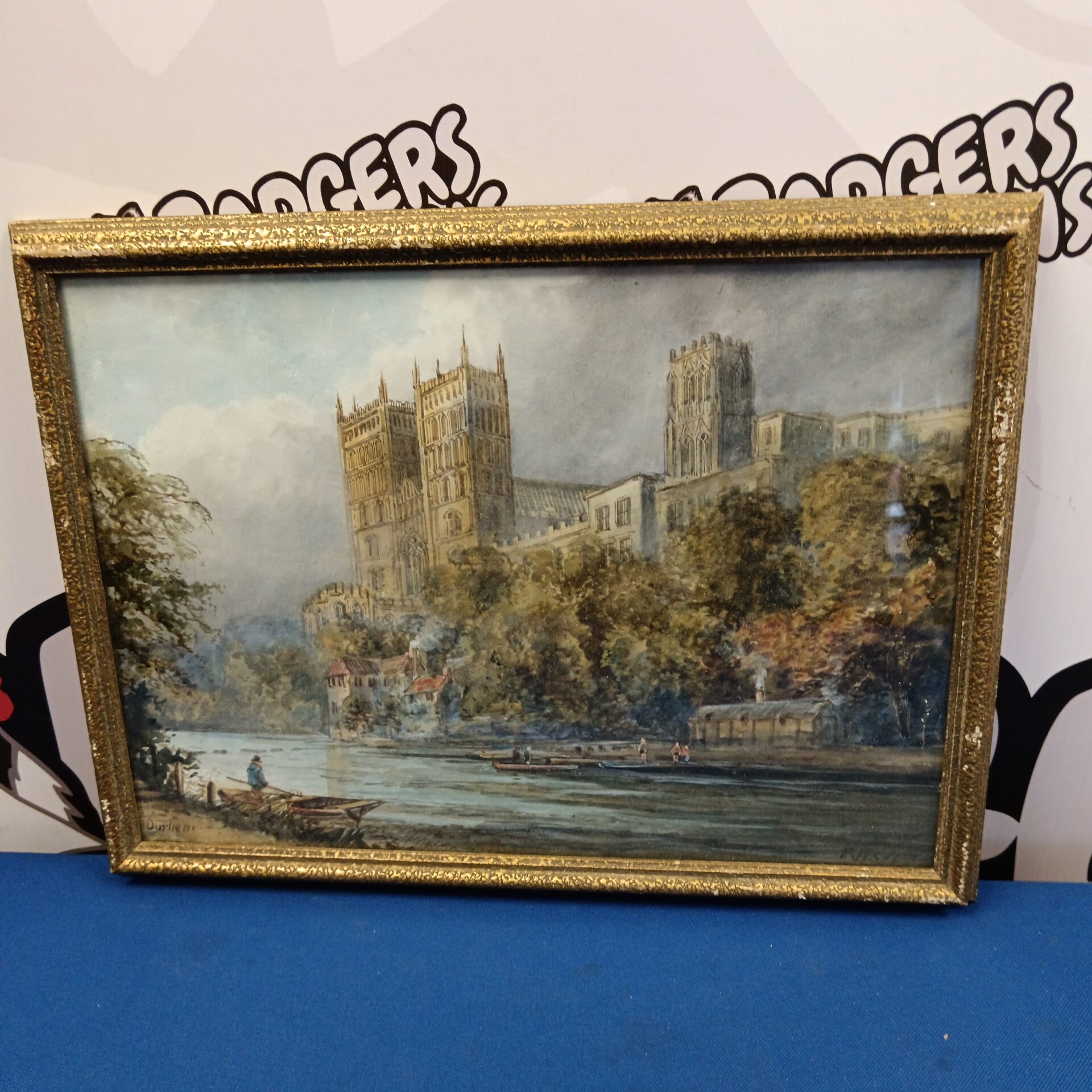 794 early 19th century watercolour of durham cathederal & figures in boat