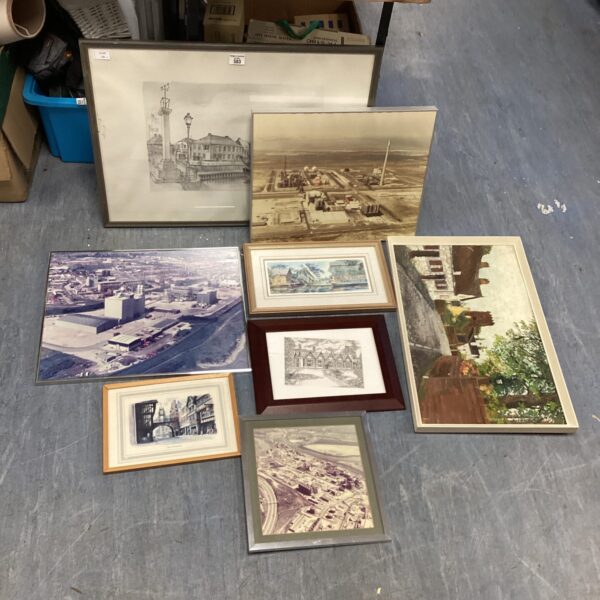 Framed lot of vintage industrial photographs and architectural drawings.