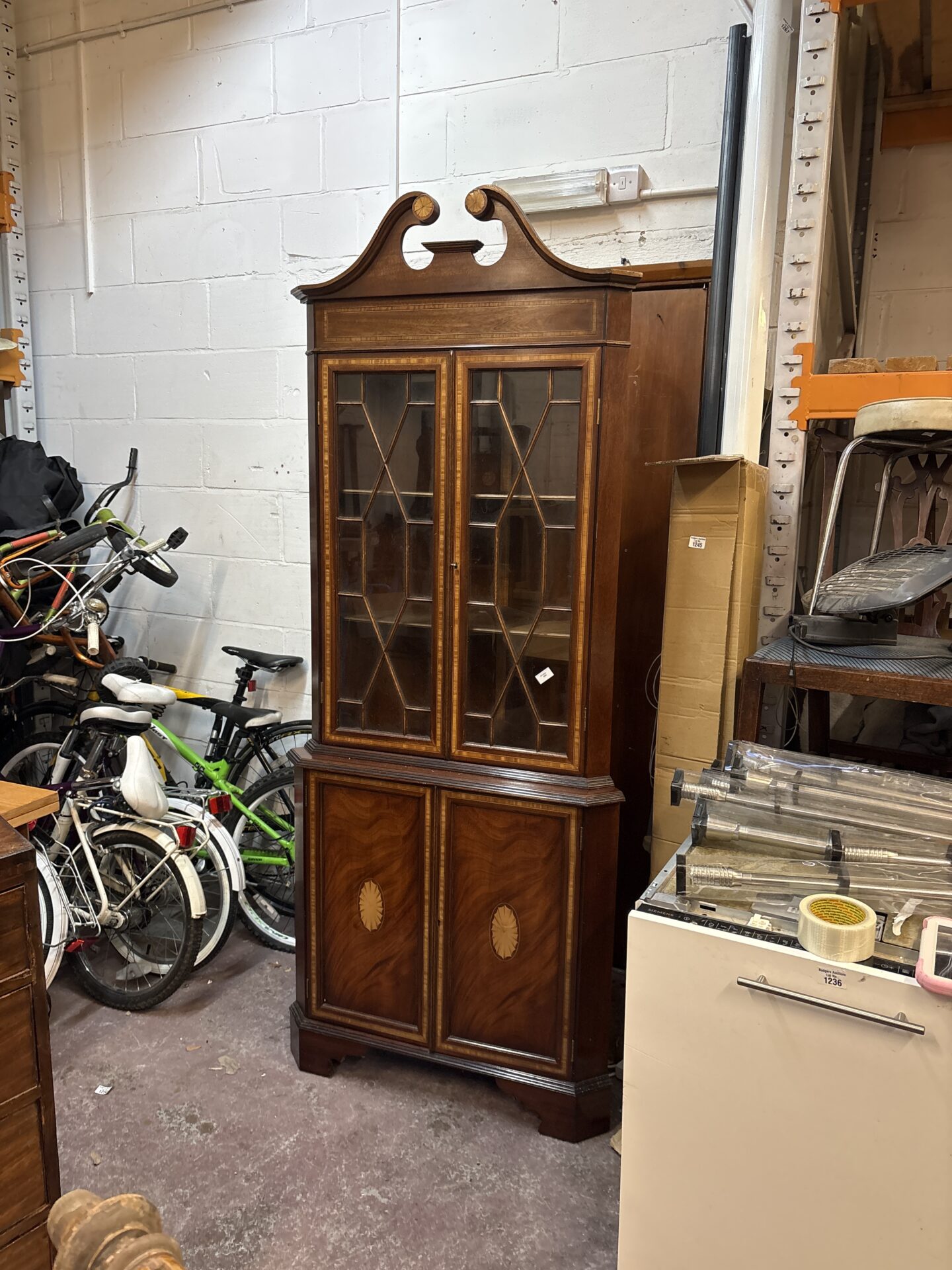 1169 antique Georgian style mahogany and inlaid corner display cabine