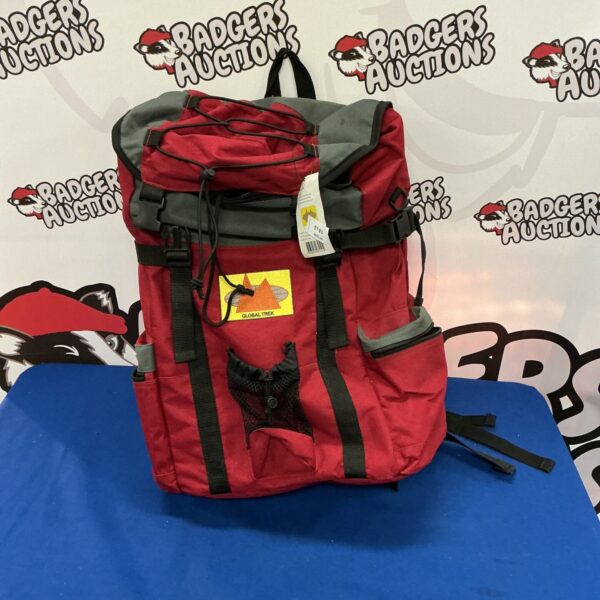 Red Global Trek rucksack, vintage military style backpack.