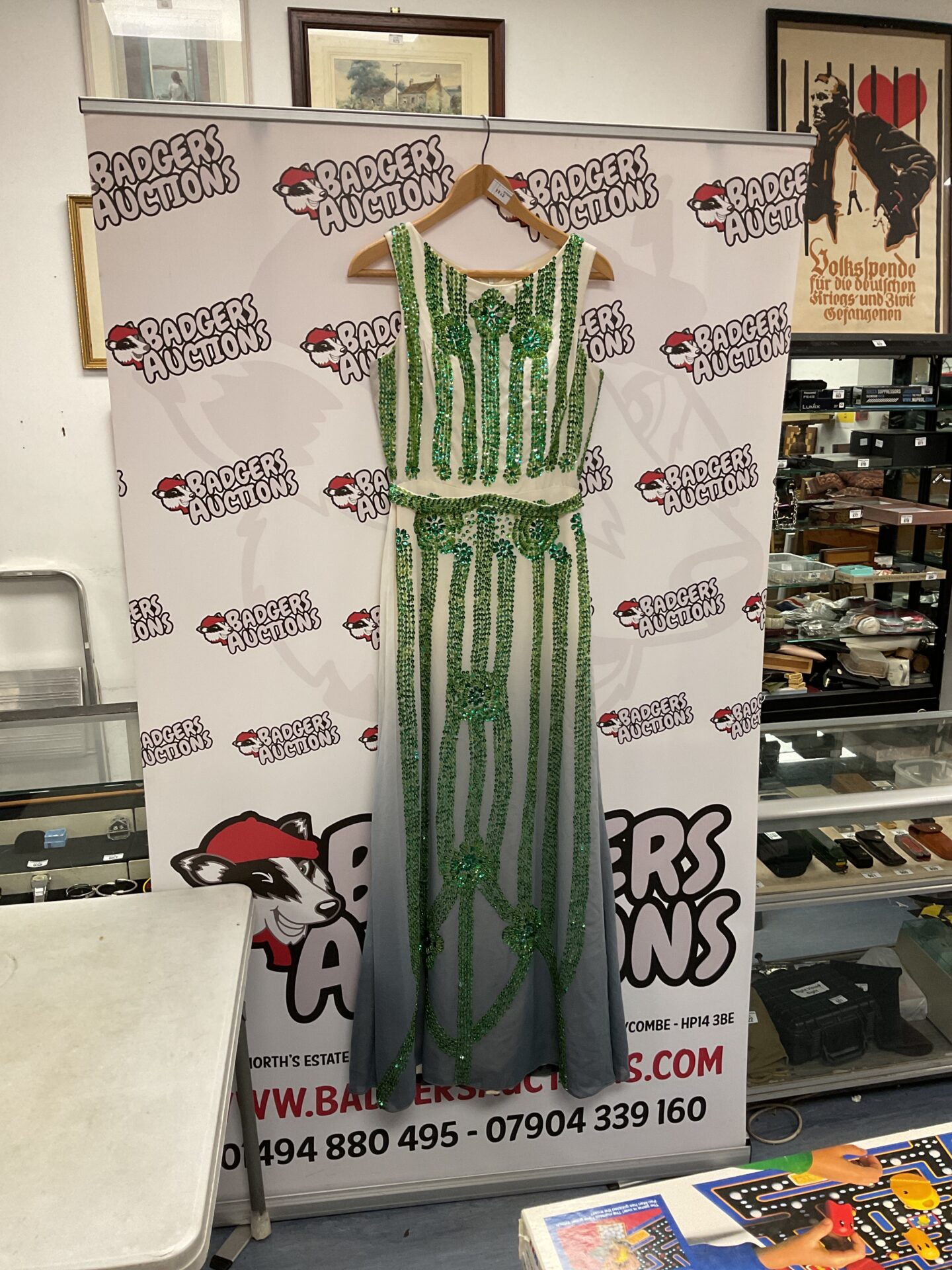 616 Vintage Green beaded & sequins two tone ladies evening dress
