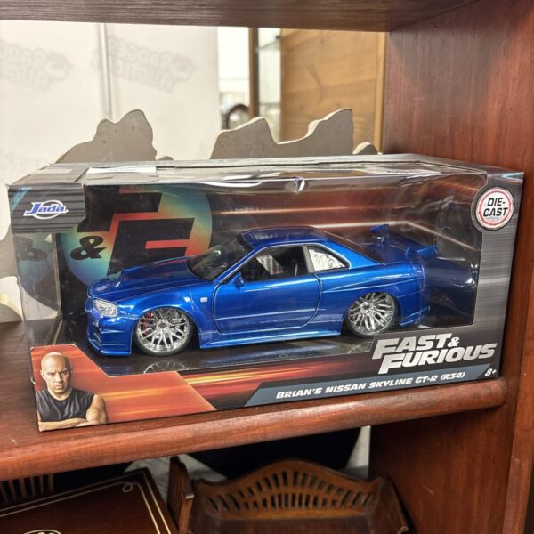 Blue Jada Fast & Furious Skyline GT-R R34 diecast model car.