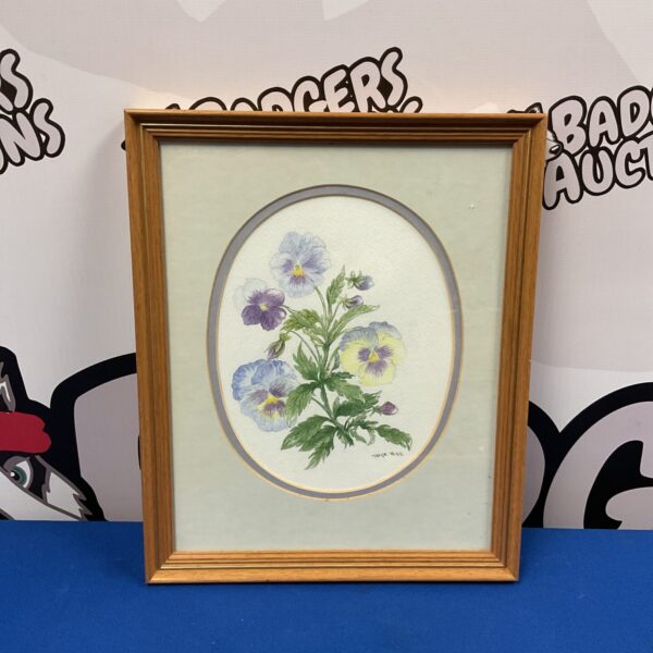 Signed Madge Trigg watercolour painting of vibrant pansy flowers.