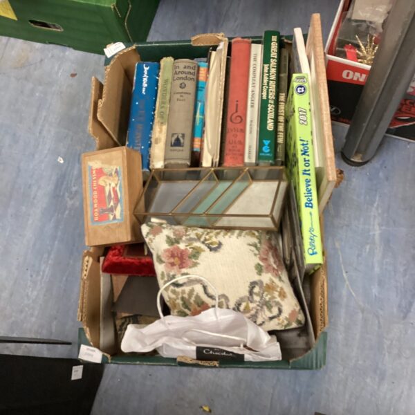 Mixed lot of vintage books and chess pieces for collectors.