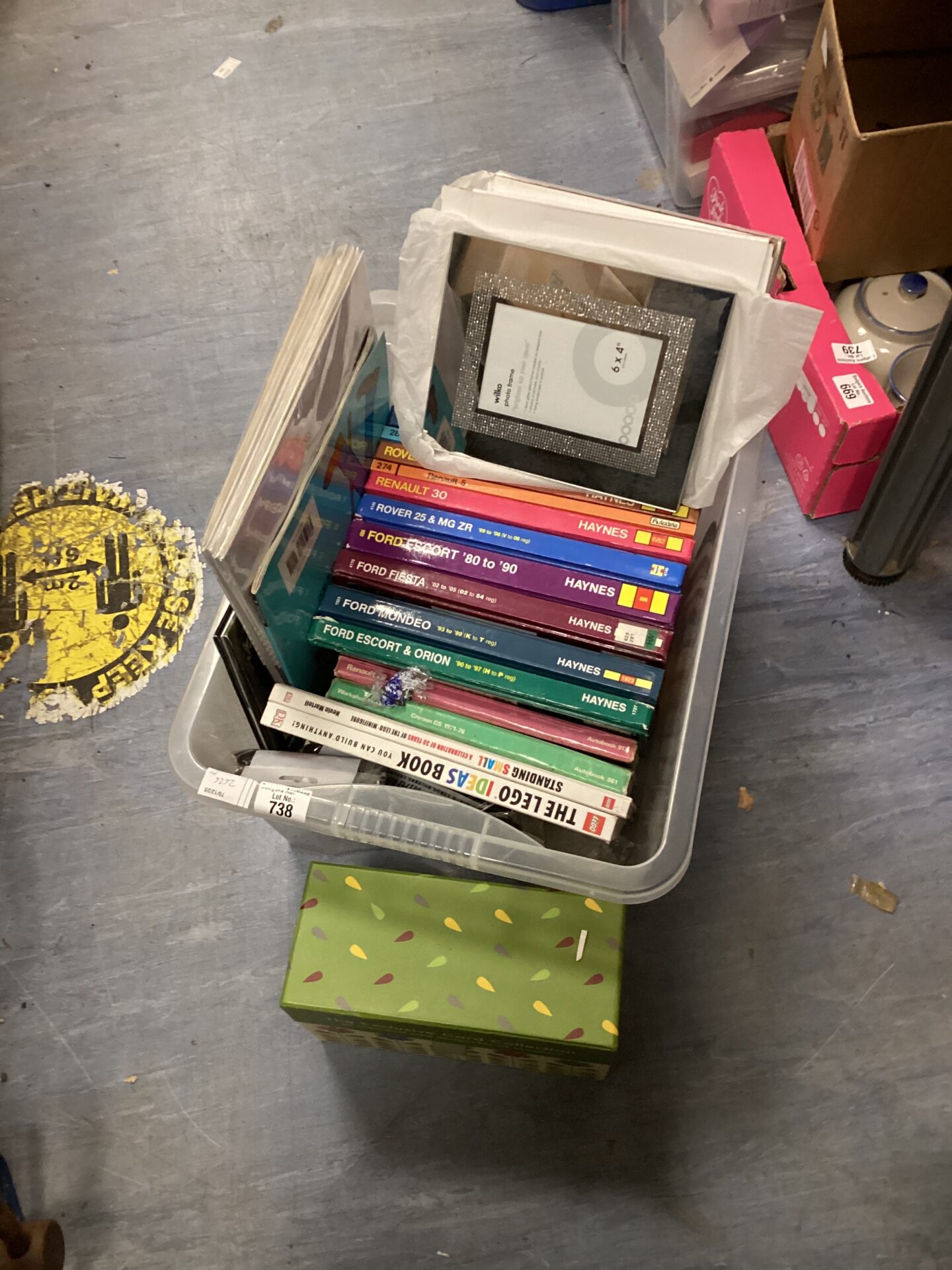 738 Box of mixed inc lego books, glitter photo frames & haynes manuals