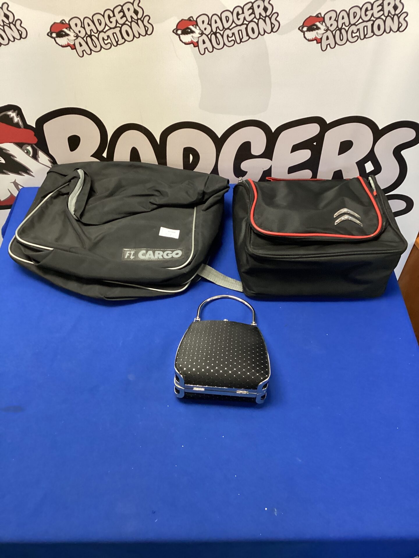 507 Set of motorcycle panniers with a Citroen car vallet bag and one ladies clutch bag