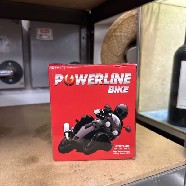 New Powerline PTX7L-BS 12v motorcycle battery in original packaging.