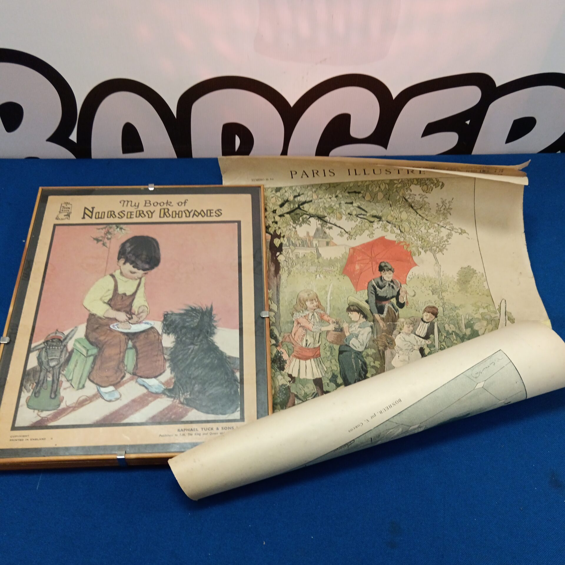 697 raphael tuck early 20th century nursery rhyme print of boy & dog with a 1885 french primts of lady with children
