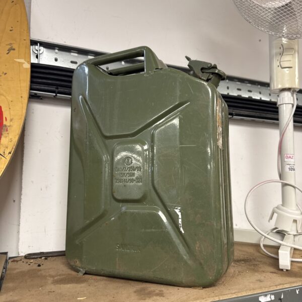 1999 Sandrik jerry can, vintage metal fuel container.