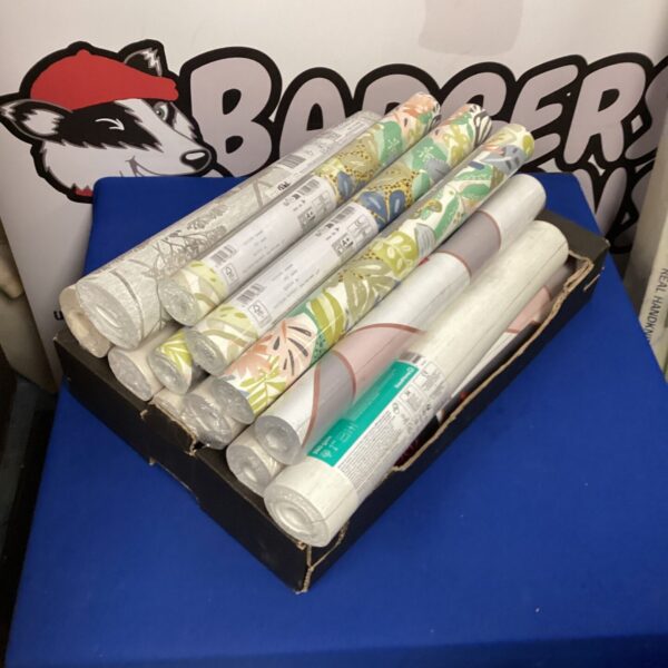 Assorted designer wallpaper rolls from Scion and Boutique collections.