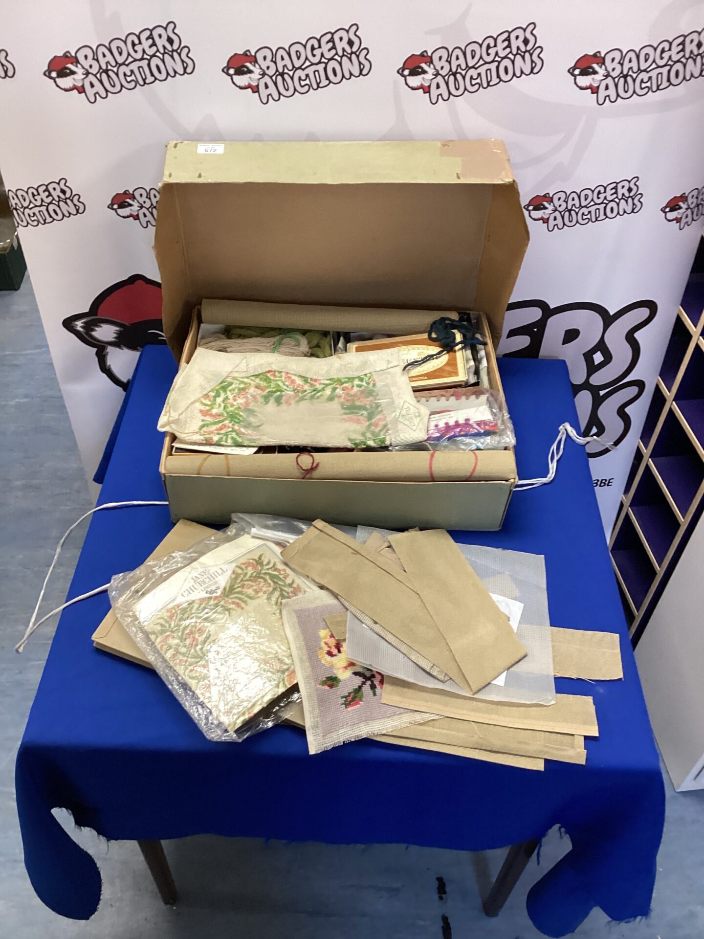 672 Box of tapestry walls and other crafting items