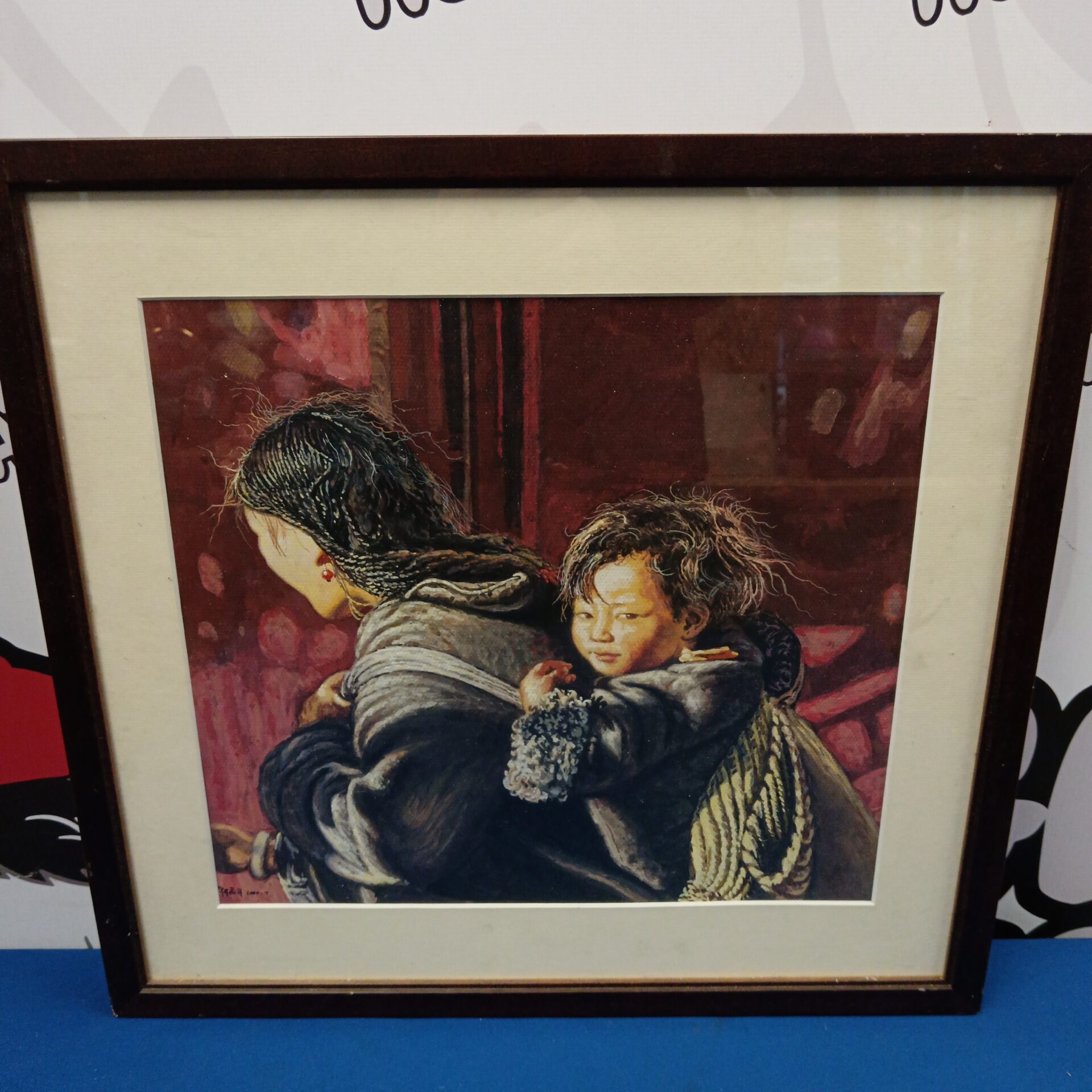668 signed framed watercolour of tibettan mother & child