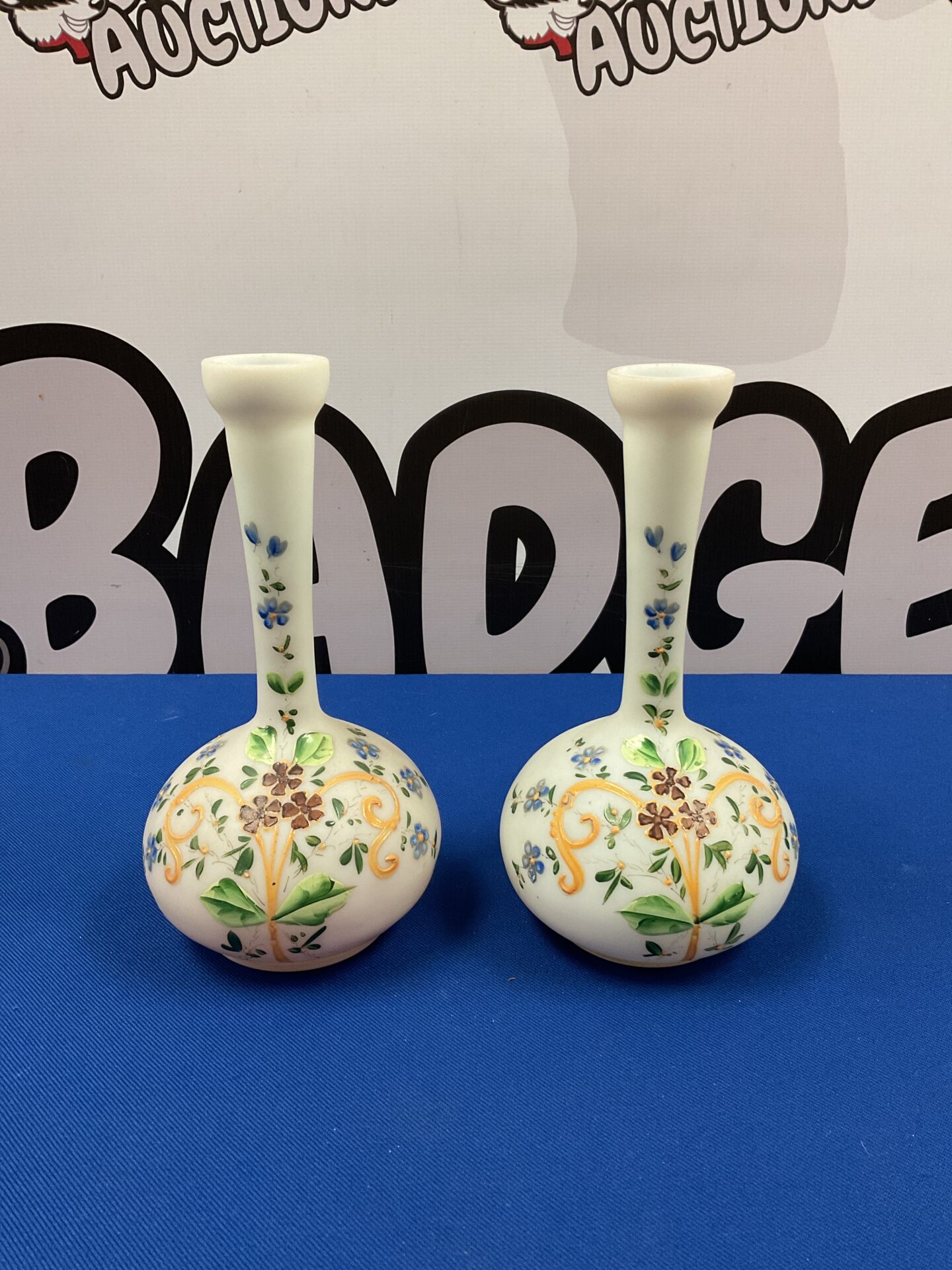 044 Pair of 8” hand painted Victorian milk glass vases