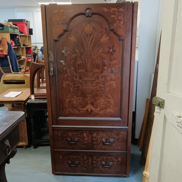 Antique Waring compactum with inlaid floral decoration, Victorian furniture.
