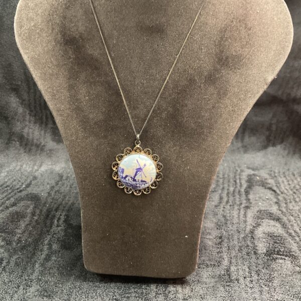 Vintage delft silver pendant necklace with blue and white porcelain.