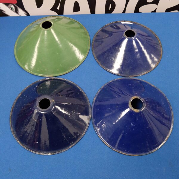 Vintage blue and green enamel light shades for retro lighting.