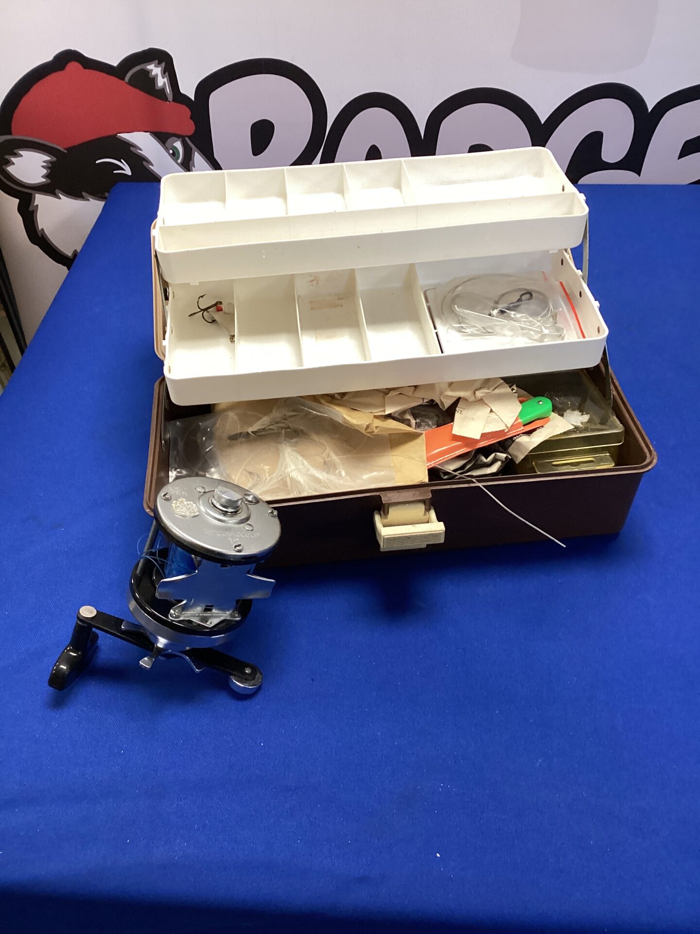 708 Fishing tackle box with contents & abu ambassadeur fishing reel